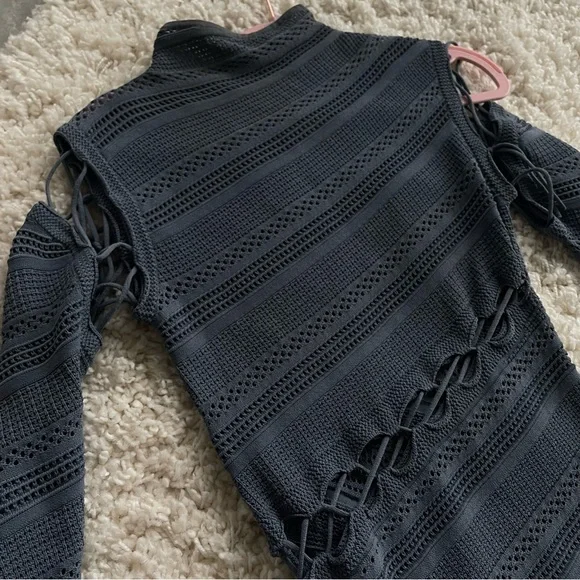 Dion Lee Slate Blue Long Sleeve Crochet Knit High Neck Lace-Up Dress - Picture 4 of 9